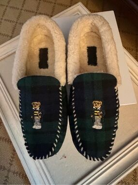 Polo Ralph Lauren Yarmond Polo Bear Tartan Plaid Shearling Slipper 11